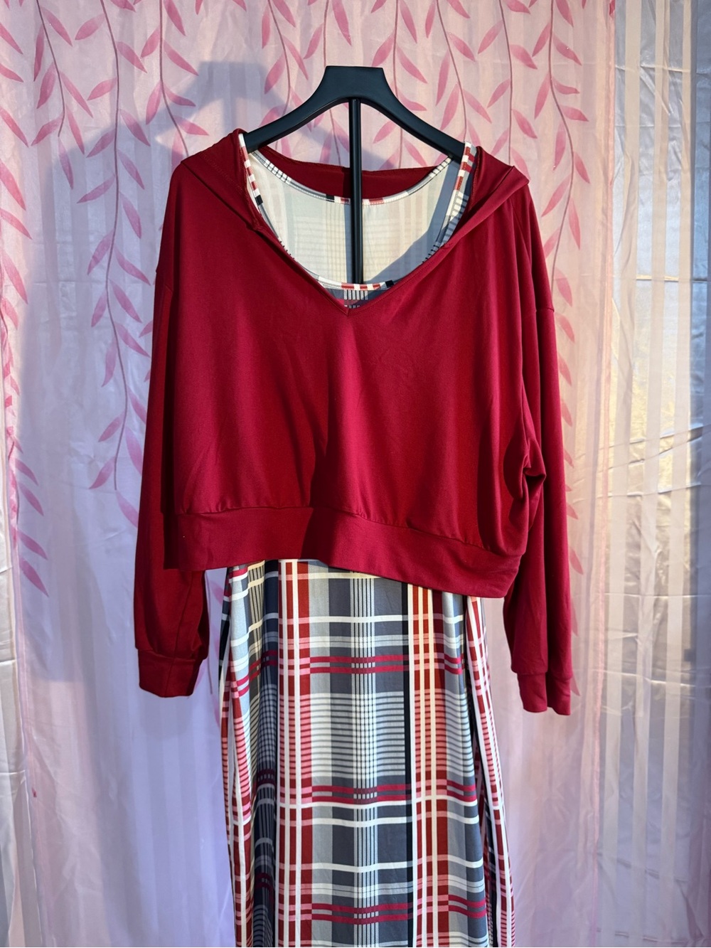 Burgundy V-Neck Cropped Sweatshirt with Tank Top Long Dress